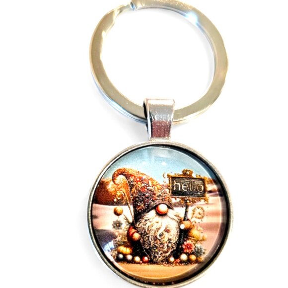 Gnome "Hello" Metal Keychain - Rustic Charm - Picture 1 of 2